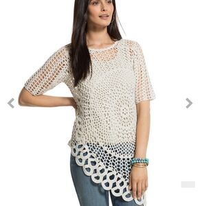 Chico's Adrianne Crochet Sweater Size 0 Small(4) Beige Angled Hem Scalloped Trim